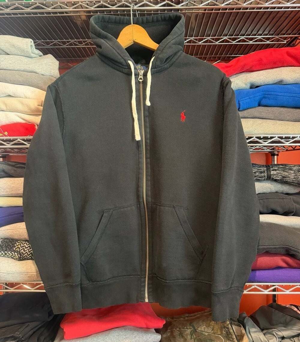 Polo Ralph Lauren Black Full-Zip Fleece Hoodie with Red Pony Logo Large Men